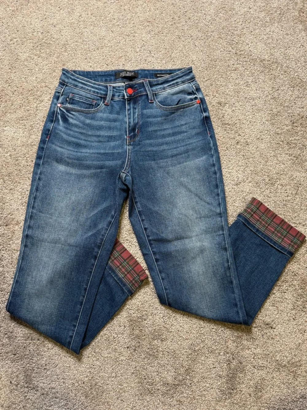 Judy Blue Blue Boyfriend Skinny Jeans with Plaid Cuff